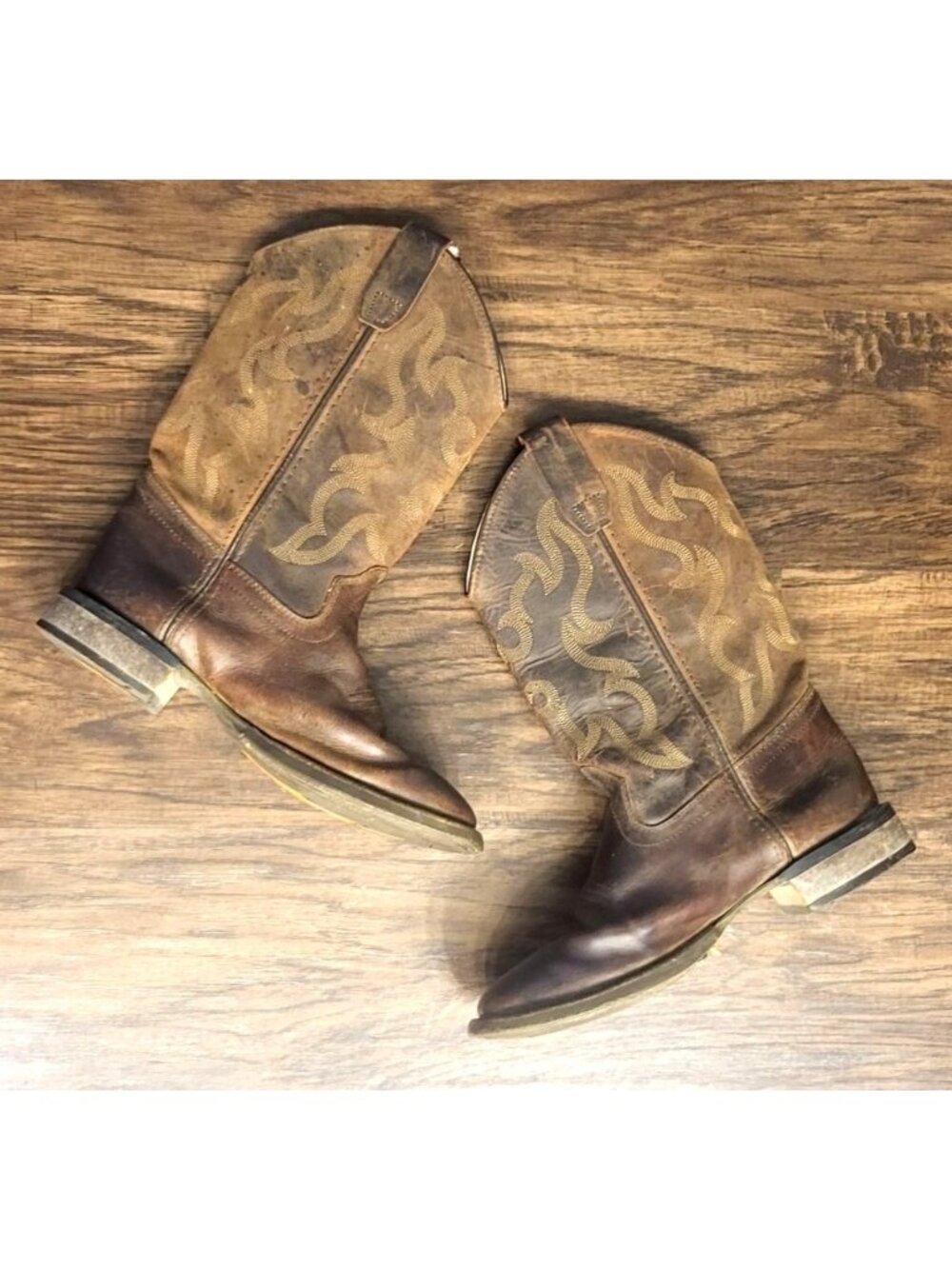 Youth Old West Brown Square Toe Leather Boots SZ 4.5 Classic Western Cowboy